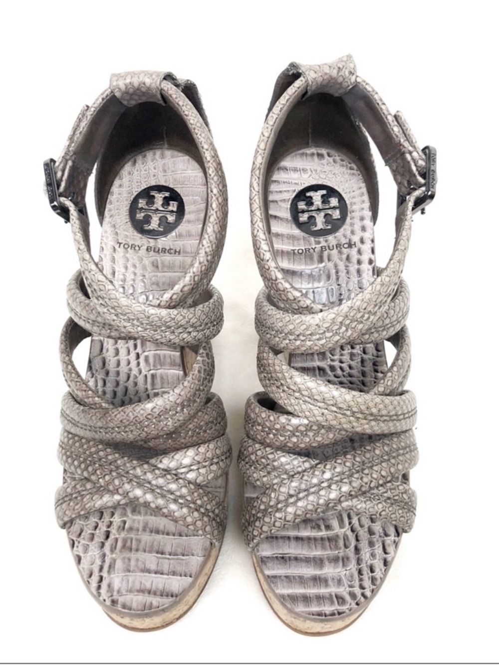 Tory Burch Metallic Taupe Croc-Embossed Wedge Sandals